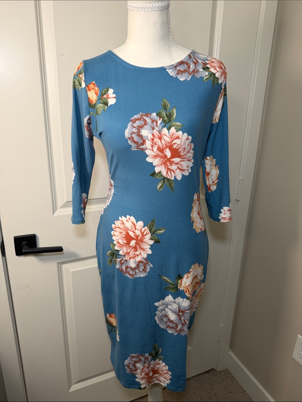 Steel Blue Midi Dress with a Floral Print